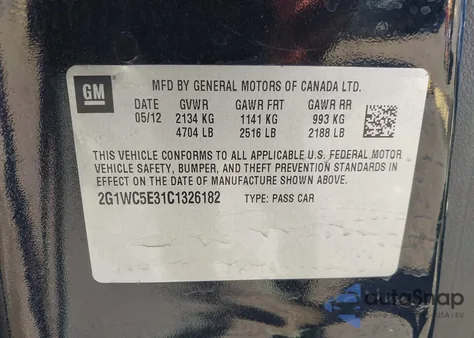 2012 Chevrolet Impala Ltz из США, поврежденный, VIN 2G1WC5E31C1326182